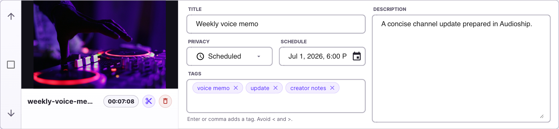 Audioship audio draft card after an audio file has been added.