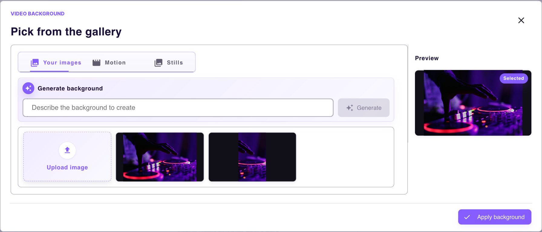 Audioship background picker with Your images, Motion, Stills, and Preview sections visible.
