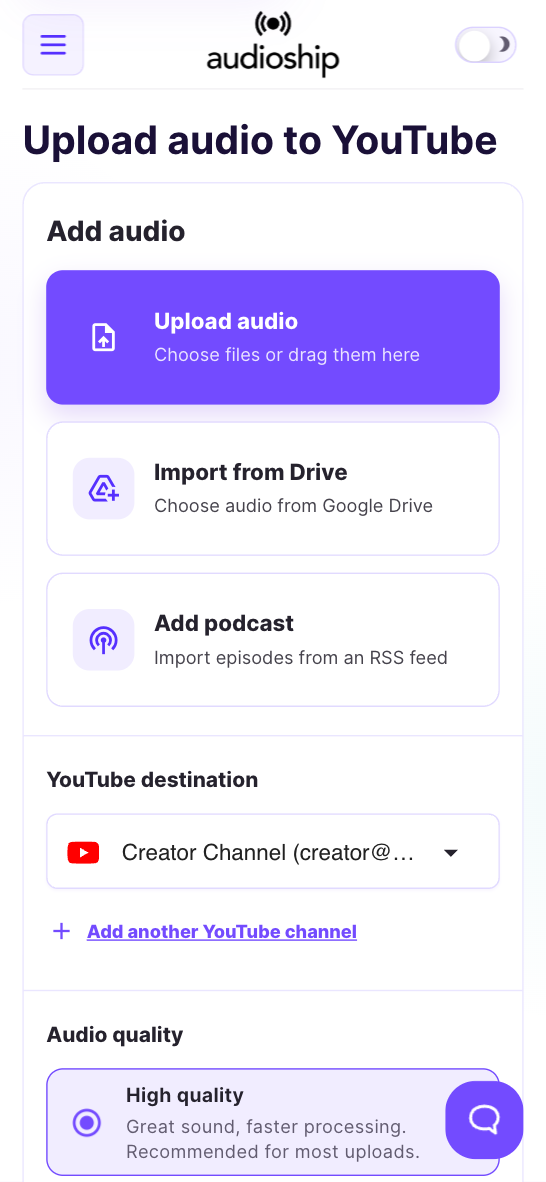 Mobile Audioship upload controls with audio import actions and the selected YouTube channel in an example account.