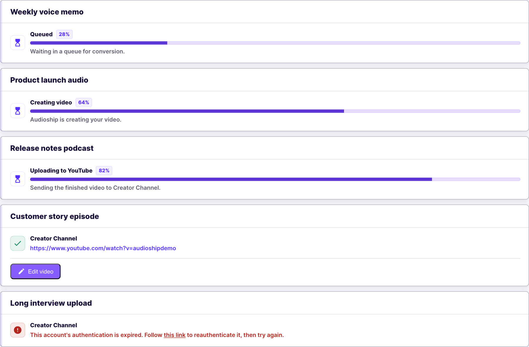 Audioship publish results cards showing queued, creating video, uploading to YouTube, and final YouTube URL states.