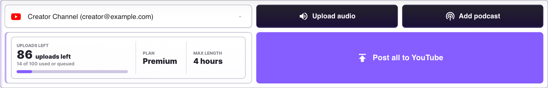 Audioship upload page with YouTube channel picker and upload limits panel visible.