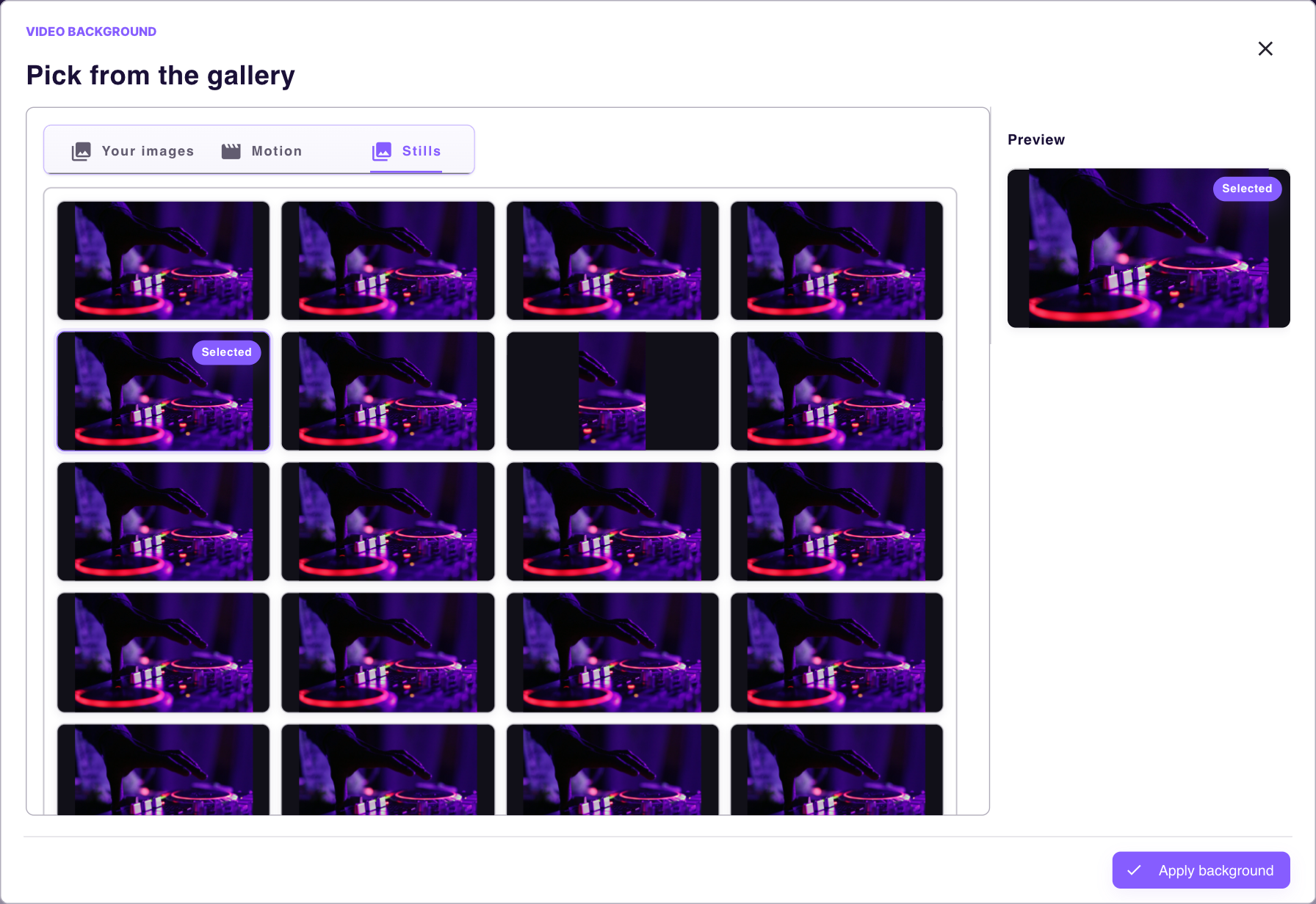 Background picker preview comparing a 16:9 image and a square podcast image.
