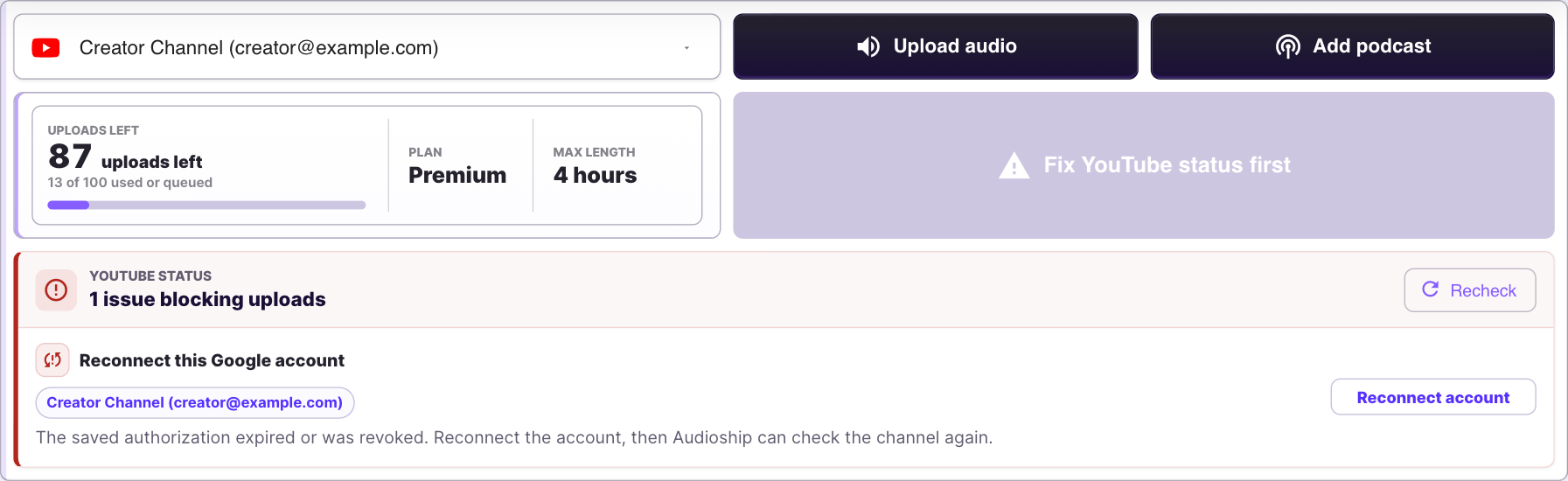 Upload page with Fix YouTube status first on the publish button and a YouTube status warning above it.