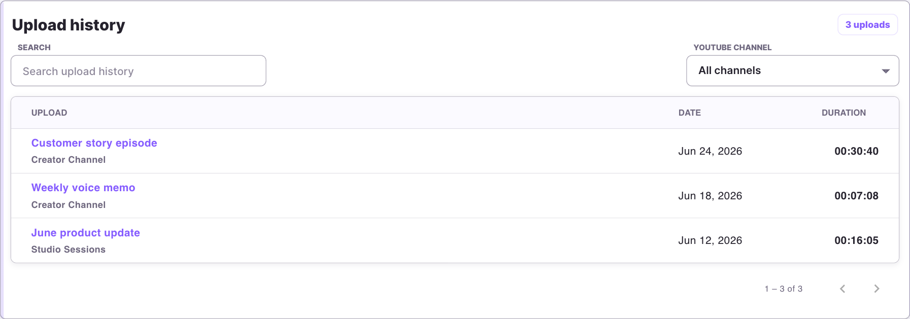 Account upload history with a video title link and YouTube channel filter.