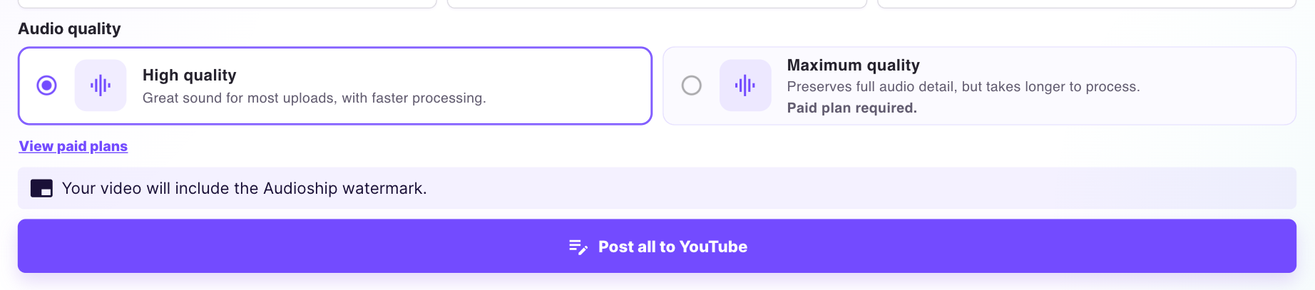 Free-plan upload controls showing the watermark notice, View paid plans link, and Publish to YouTube action.