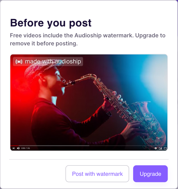 Before you post watermark dialog with Post with watermark and Upgrade actions.