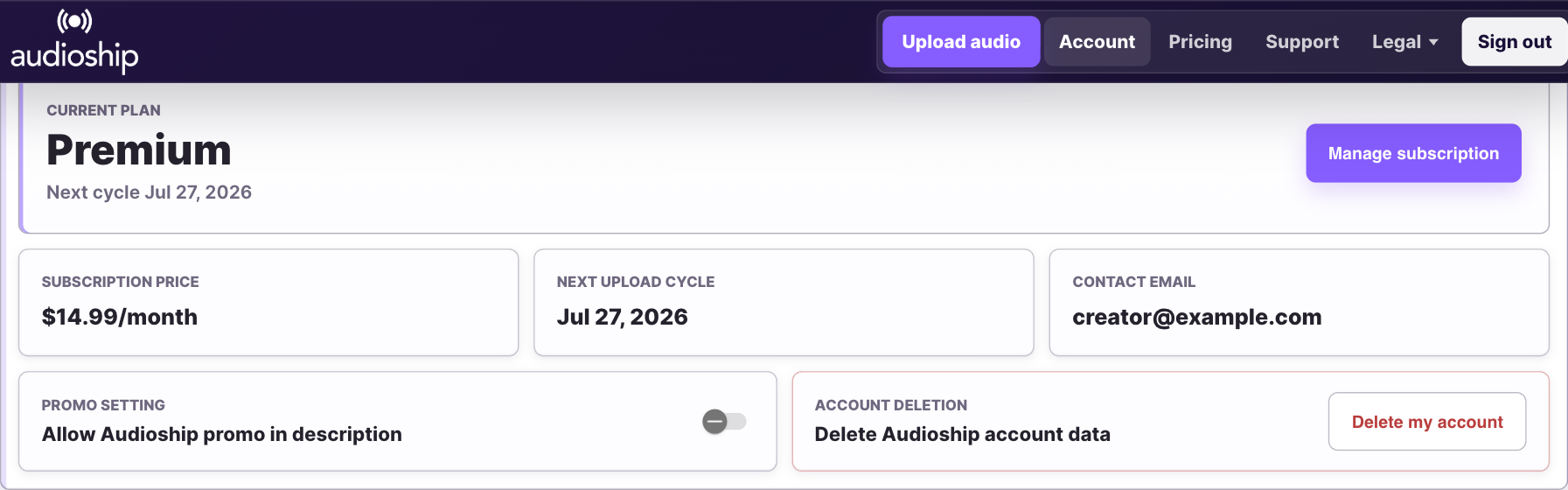 Account page Current plan area with the Manage subscription button visible.