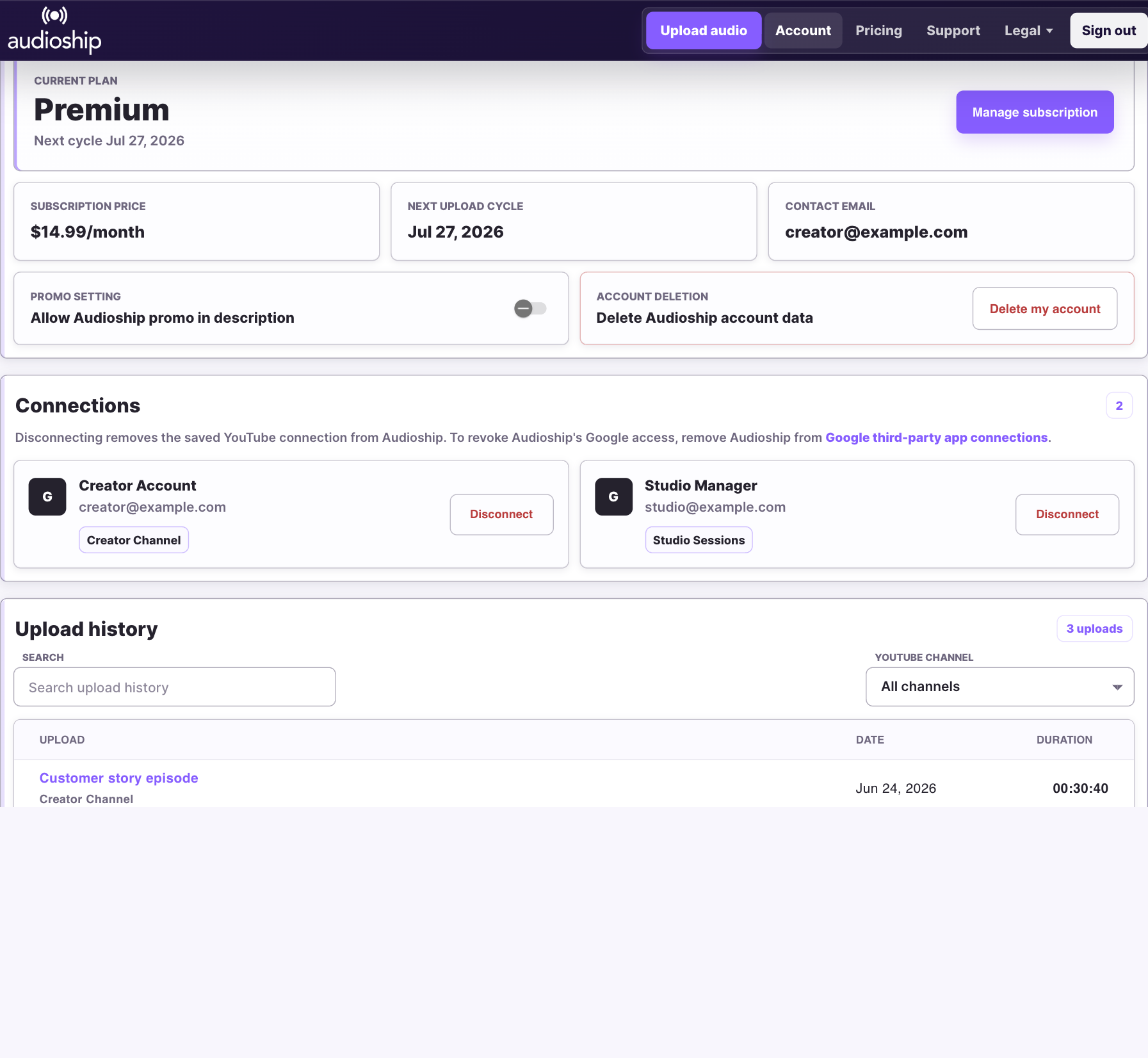 Audioship Account page showing Current plan, Connections, and Upload history sections.