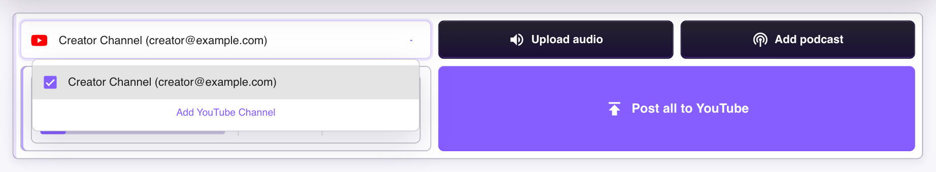 YouTube channel picker with connected channels and the Add YouTube Channel button visible.