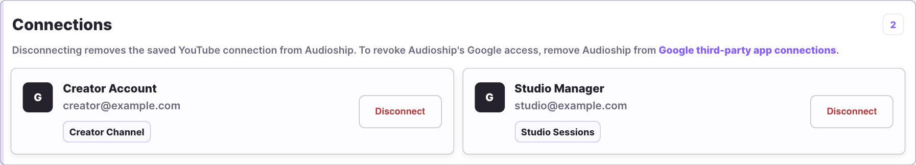 Audioship Account Connections section with a YouTube connection and Disconnect button.