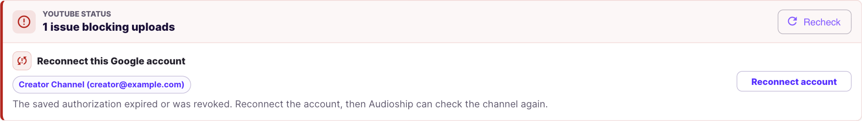 YouTube status panel with Reconnect account and Recheck controls.
