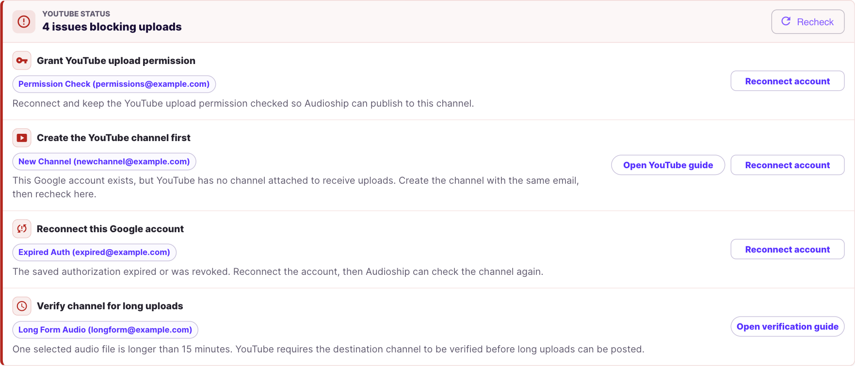 YouTube status panel listing multiple warning cards and a Recheck button.