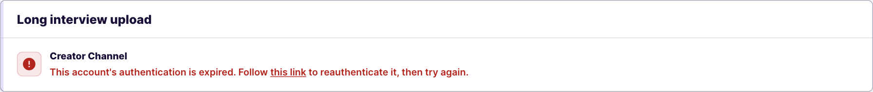 Upload failed result card with error message and reconnect link visible.